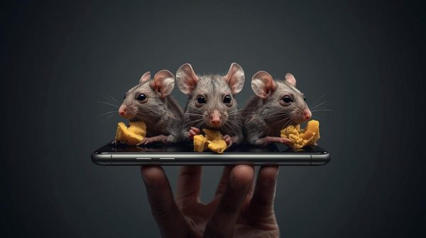ratones feos saliendo de un movil encendido con un fondo gris oscuro, los ratones tiene un queso podrido en la boca (1)
